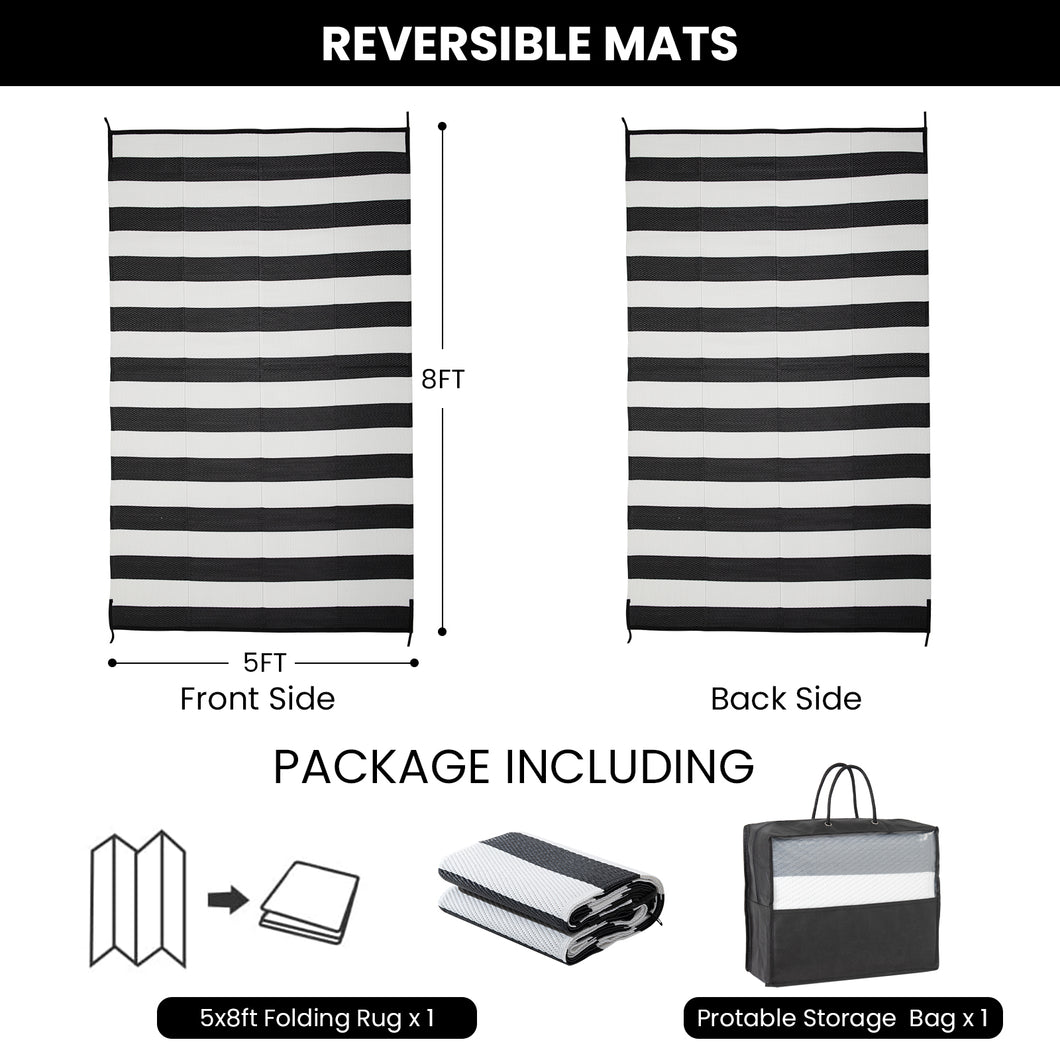 STRICKLANDHOME Outdoor Rug , Reversible Plastic Straw Rug for Patio, Waterproof Large Outdoor Carpet for RV, Patio, Camping, Backyard, Deck, Picnic, Beach, Black & White