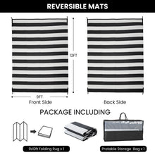 Load image into Gallery viewer, STRICKLANDHOME Outdoor Rug , Reversible Plastic Straw Rug for Patio, Waterproof Large Outdoor Carpet for RV, Patio, Camping, Backyard, Deck, Picnic, Beach, Black &amp; White
